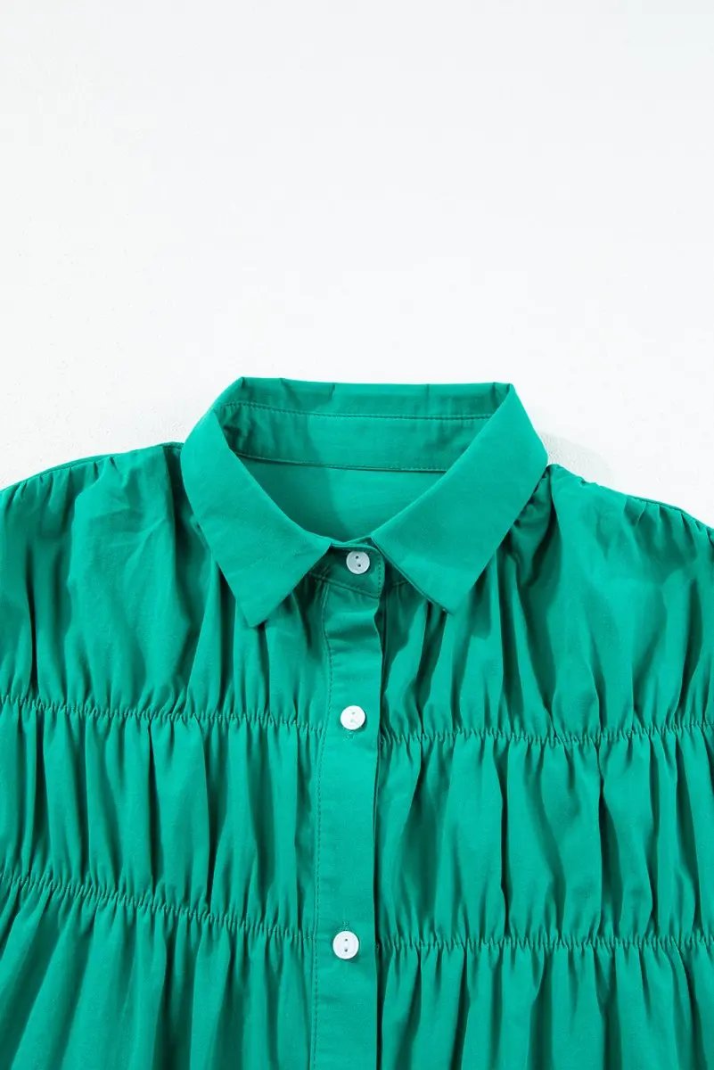 Bright Green Shirred Ruffle Sleeve Button Up Short Dress - Love Salve